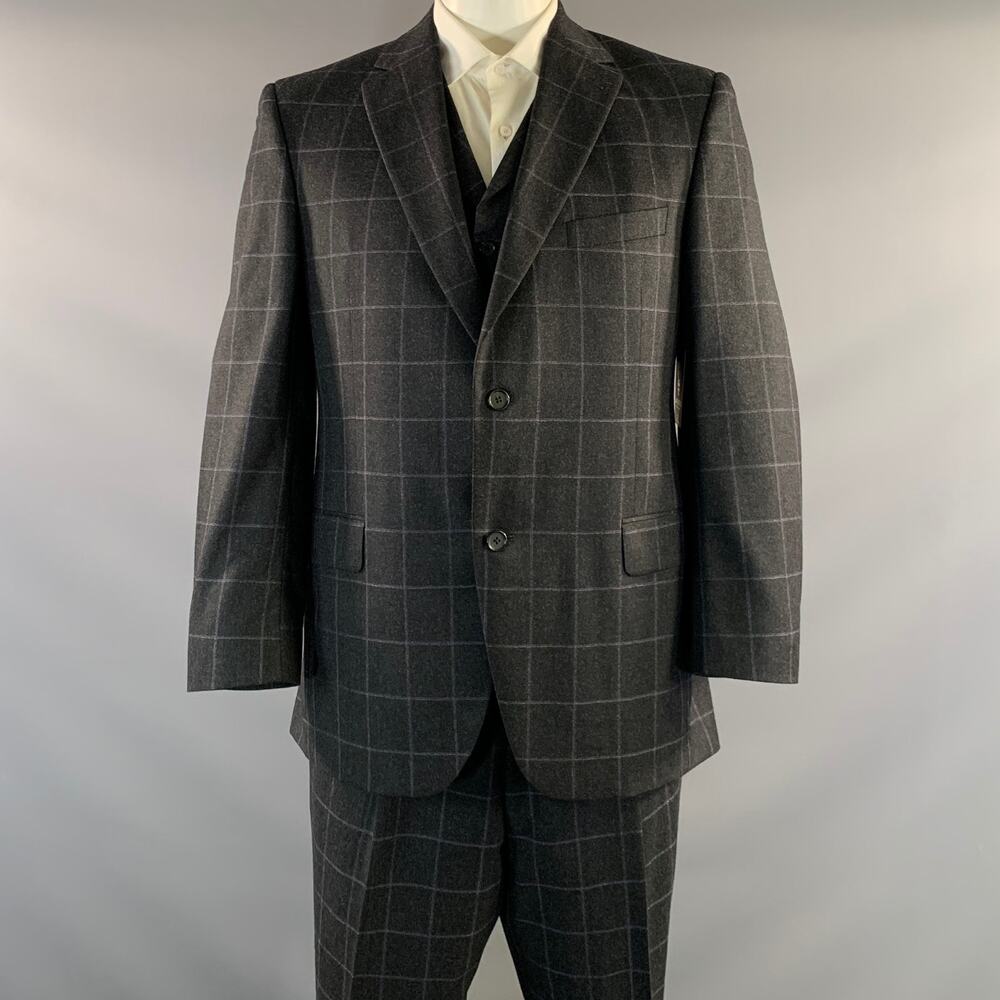 JACK VICTOR Chest Size 42 Dark Grey Window Pane Wool Notch Lapel 36 28 Suit